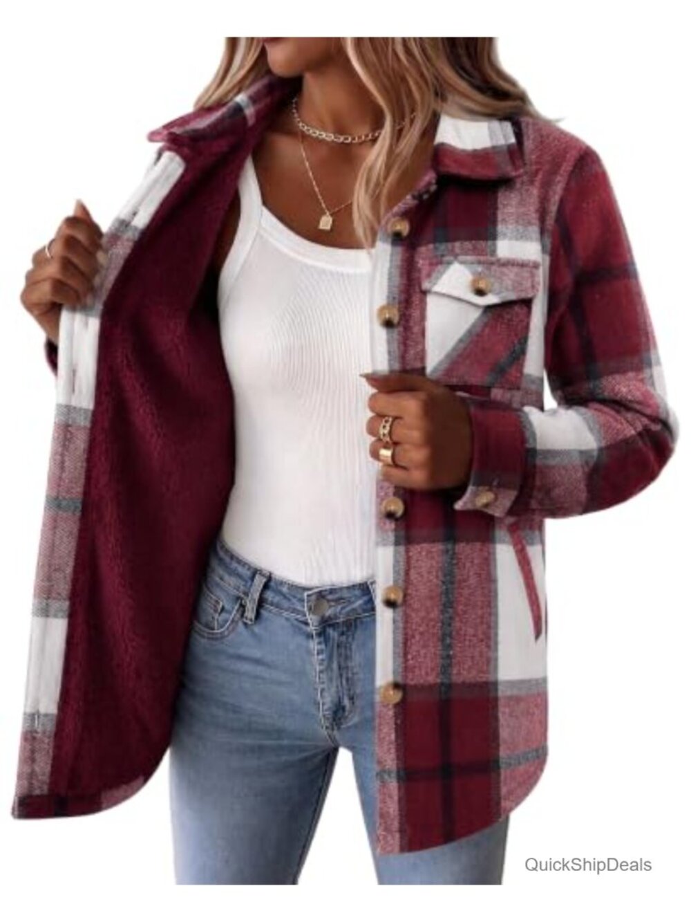 Women Sherpa Lined Flannel Plaid Jacket Fleece Winter Coat Button